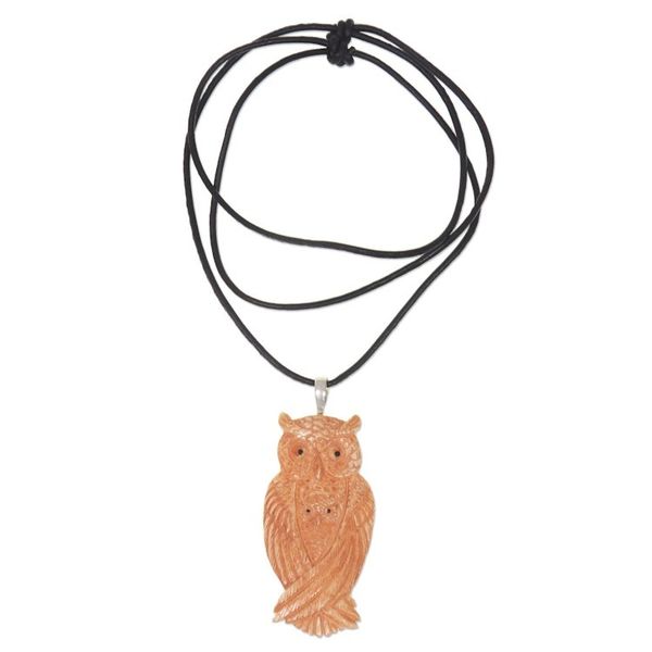 Alternate image for Leather and Bone Artisan Crafted Owl Pendant Necklace Brown Owl Family