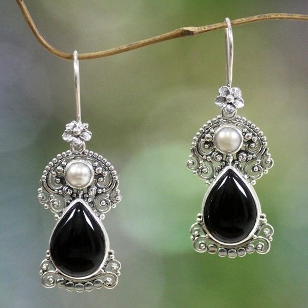 Alternate image for Pearls and Onyx Earrings Artisan Crafted Thai Jewelry Frangipani Nights