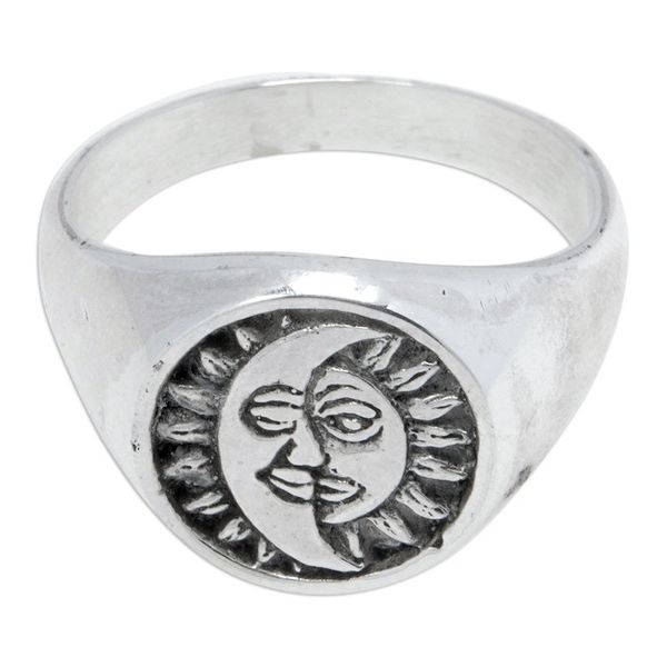 Alternate image for Polished Sterling Silver Signet Ring with Moon and Sun Sign Icon of Universe