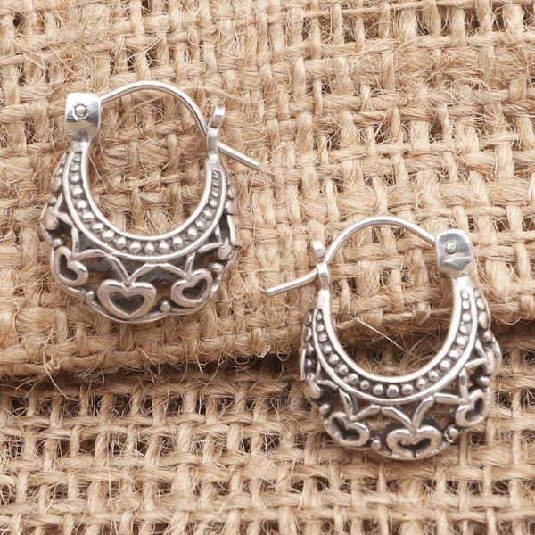 Alternate image for Heart Motif Sterling Silver Hoop Earrings Romantic Mood