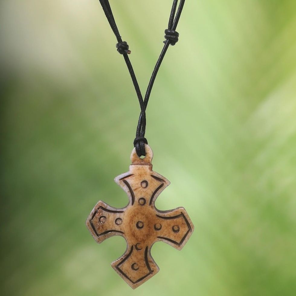 Cross Bone Pendant Necklace with Leather Cord from Bali 'Sacred Bone'