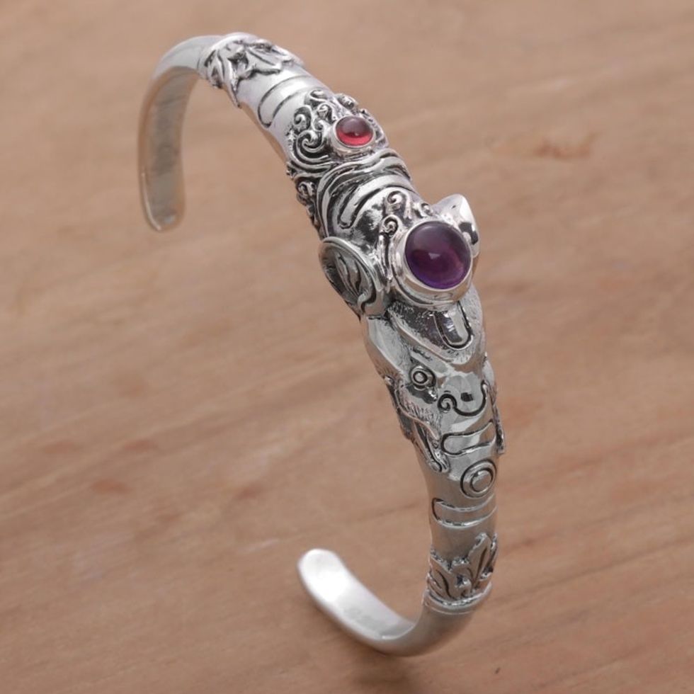 Amethyst and Garnet Tapir Cuff Bracelet from Indonesia 'Tapir Tale'