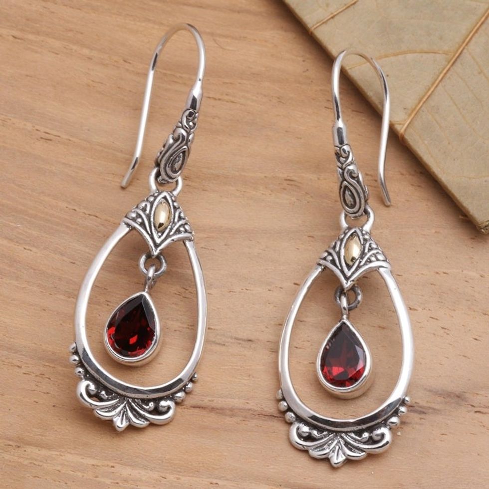 Sterling Silver Garnet Earrings with Gold Accents 'Victoriana'