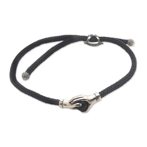 Alternate image for Bali Obsidian and Sterling Silver Cord Unity Bracelet Silver Handshake