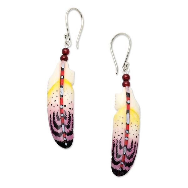 Alternate image for Handcrafted Purple Feather Dangle Earrings with Garnet Beads Wisdom Feathers