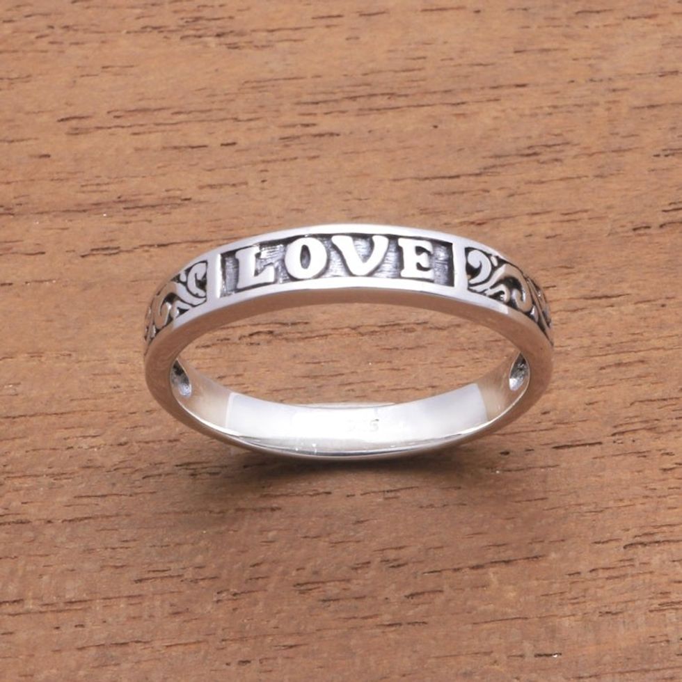 Love-Themed Sterling Silver Band Ring from Bali 'Love Swirls'