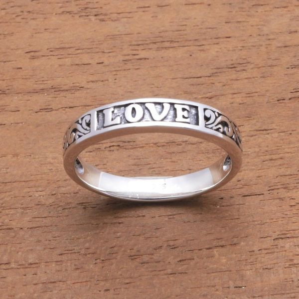 Alternate image for Love-Themed Sterling Silver Band Ring from Bali Love Swirls