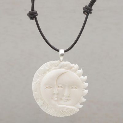 Alternate image for Handcrafted Sun and Moon Bone Pendant Necklace from Bali Stellar Guardians