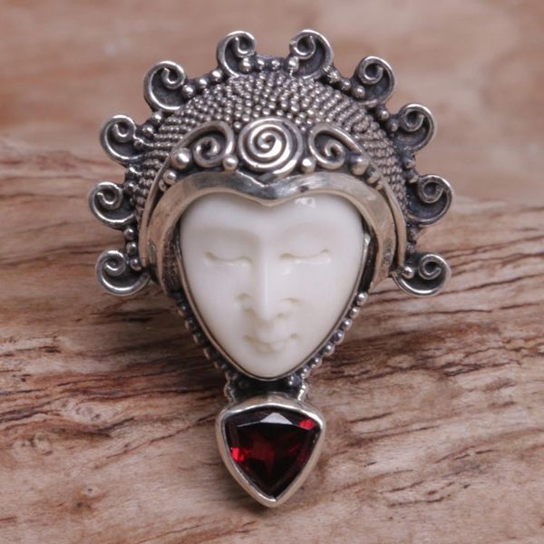 Alternate image for Garnet Sterling Silver Bone Cocktail Ring from Indonesia Saraswati Face in Red