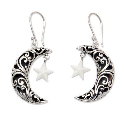 Alternate image for Moon-Shaped Leafy Dangle Earrings with Star Accents Constellation Night