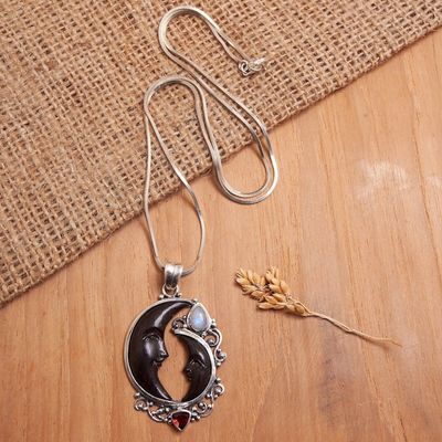 Alternate image for Moon Sterling Silver Pendant Necklace with Natural Gems Shadow Harmony