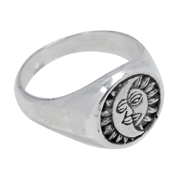 Alternate image for Polished Sterling Silver Signet Ring with Moon and Sun Sign Icon of Universe