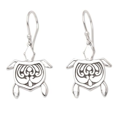 Alternate image for Polished Sterling Silver Turtle Dangle Earrings from Bali Serene Swimming