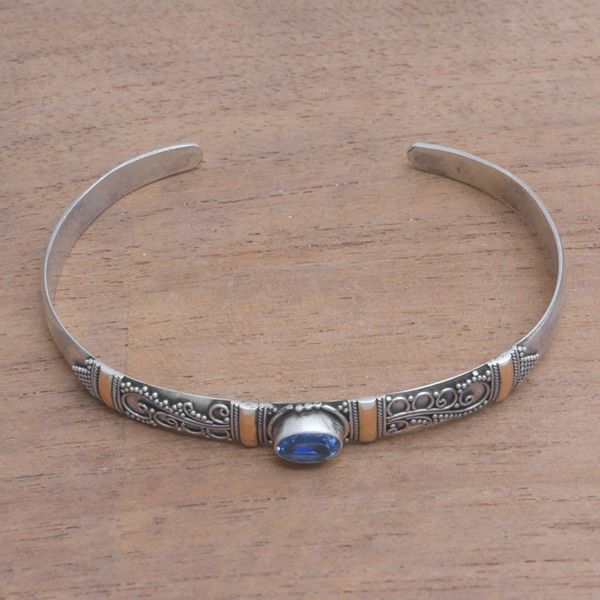 Alternate image for Blue Topaz 18K Gold Accent on Sterling Silver Cuff Bracelet Fanciful Fronds
