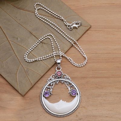 Alternate image for Moon Pendant Necklace with Amethyst and Garnet Peaceful Evening