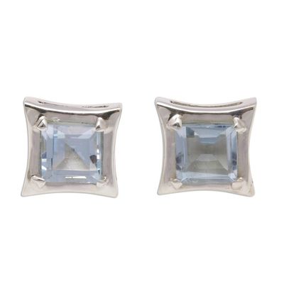 Alternate image for Square Blue Topaz Stud Earrings Crafted in Bali Elegance of Squares