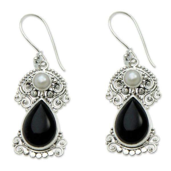Alternate image for Pearls and Onyx Earrings Artisan Crafted Thai Jewelry Frangipani Nights