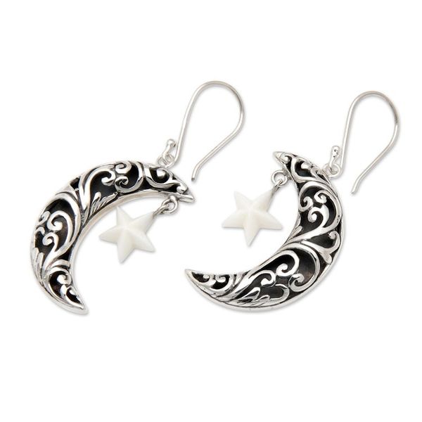 Alternate image for Moon-Shaped Leafy Dangle Earrings with Star Accents Constellation Night