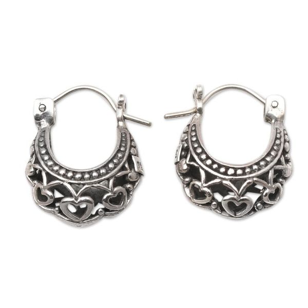 Alternate image for Heart Motif Sterling Silver Hoop Earrings Romantic Mood