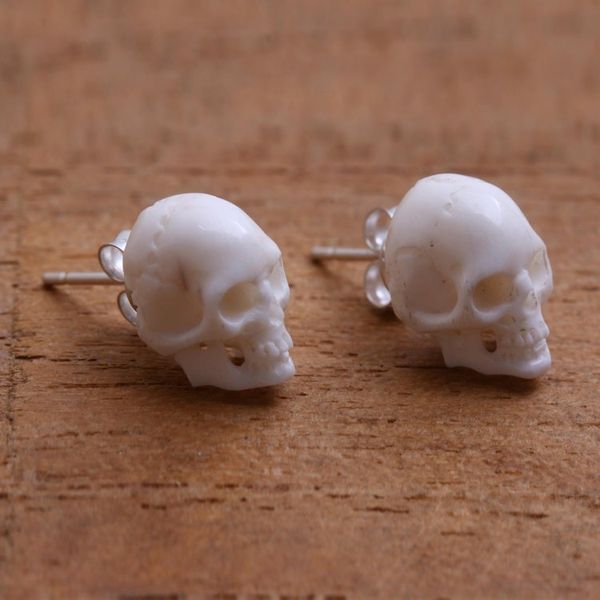 Alternate image for Skull-Shaped Bone Stud Earrings Crafted in Bali Trunyan Skulls