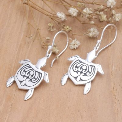 Alternate image for Polished Sterling Silver Turtle Dangle Earrings from Bali Serene Swimming
