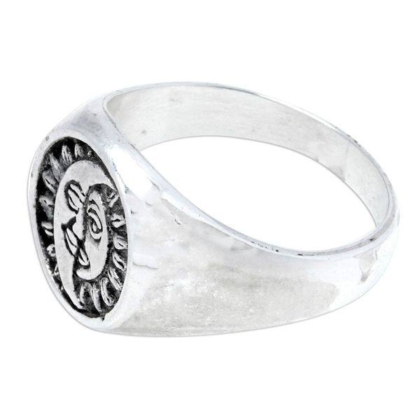 Alternate image for Polished Sterling Silver Signet Ring with Moon and Sun Sign Icon of Universe