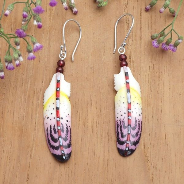 Alternate image for Handcrafted Purple Feather Dangle Earrings with Garnet Beads Wisdom Feathers