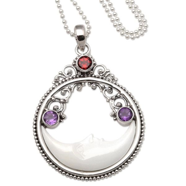Alternate image for Moon Pendant Necklace with Amethyst and Garnet Peaceful Evening