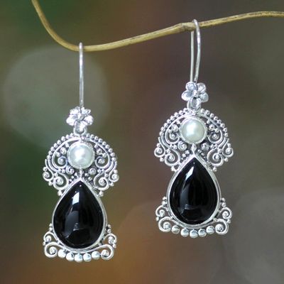 Alternate image for Pearls and Onyx Earrings Artisan Crafted Thai Jewelry Frangipani Nights