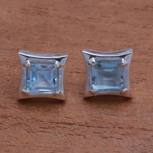 Alternate image for Square Blue Topaz Stud Earrings Crafted in Bali Elegance of Squares
