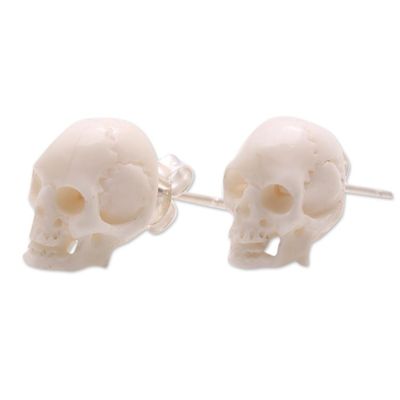 Alternate image for Skull-Shaped Bone Stud Earrings Crafted in Bali Trunyan Skulls