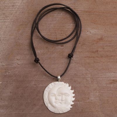 Alternate image for Handcrafted Sun and Moon Bone Pendant Necklace from Bali Stellar Guardians