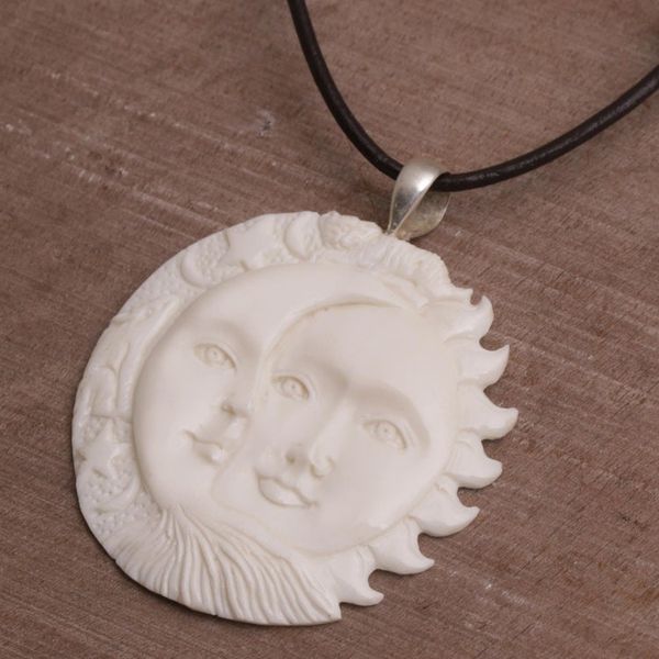 Alternate image for Handcrafted Sun and Moon Bone Pendant Necklace from Bali Stellar Guardians