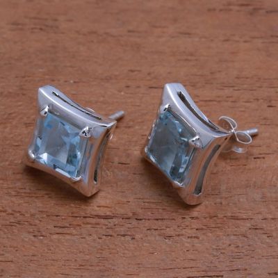 Alternate image for Square Blue Topaz Stud Earrings Crafted in Bali Elegance of Squares