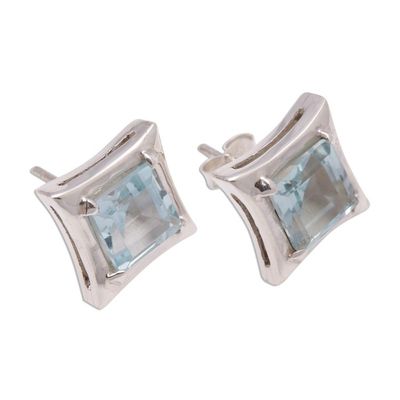 Alternate image for Square Blue Topaz Stud Earrings Crafted in Bali Elegance of Squares