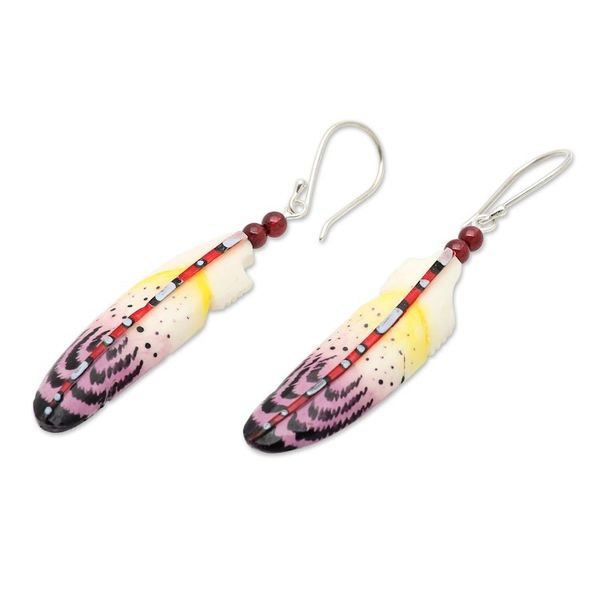 Alternate image for Handcrafted Purple Feather Dangle Earrings with Garnet Beads Wisdom Feathers