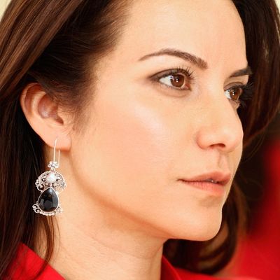 Alternate image for Pearls and Onyx Earrings Artisan Crafted Thai Jewelry Frangipani Nights