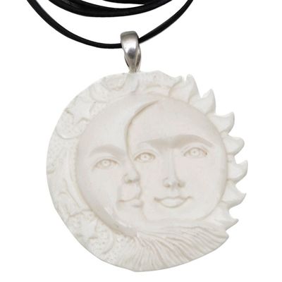 Alternate image for Handcrafted Sun and Moon Bone Pendant Necklace from Bali Stellar Guardians