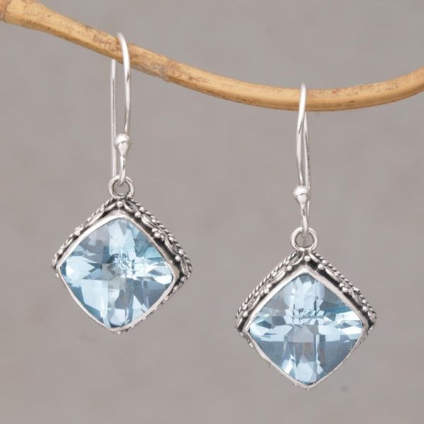 Alternate image for Blue Topaz and Silver Bubble Motif Dangle Earrings from Bali Eyes of Pura