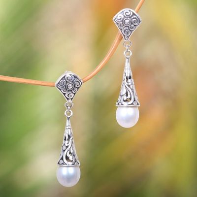 Alternate image for Balinese Cultured Pearl Earrings Crafted of Sterling Silver Lotus Bud Promise