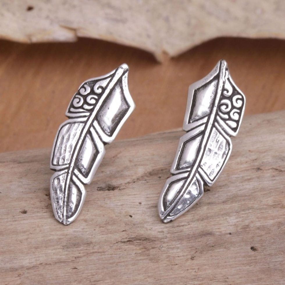 Feather Ear Climber Earrings Made from Sterling Silver 'Bali Feathers'