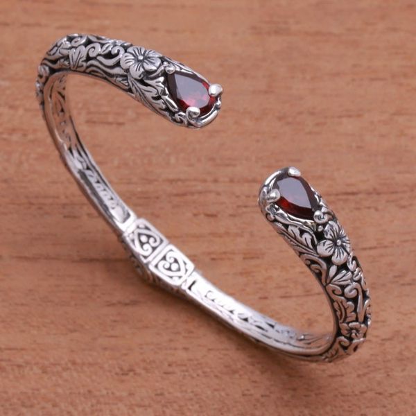 Alternate image for Floral Garnet Cuff Bracelet Crafted in Bali Hint of Twilight