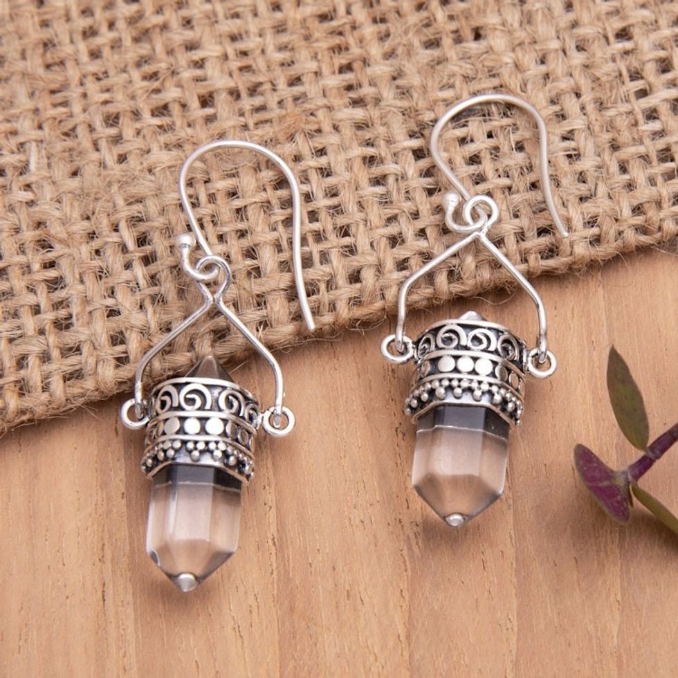 Traditional Dangle Earrings with Natural Clear Quartz Gems 'Strive for Justice'