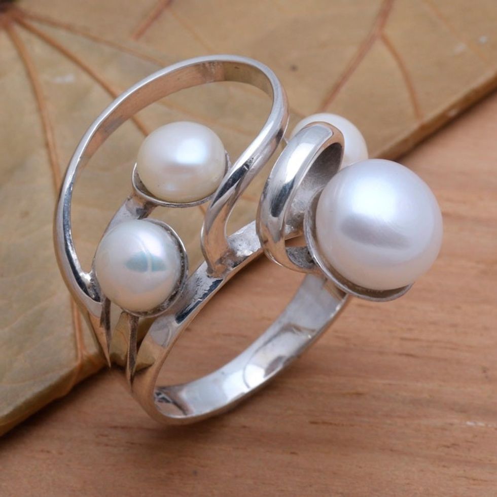 Creamy White Cultured Pearl Cocktail Ring 'Wave Crest'