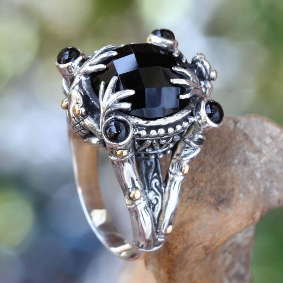 Onyx Sterling Silver Ring with Gold Accents 'Tropical Frogs'