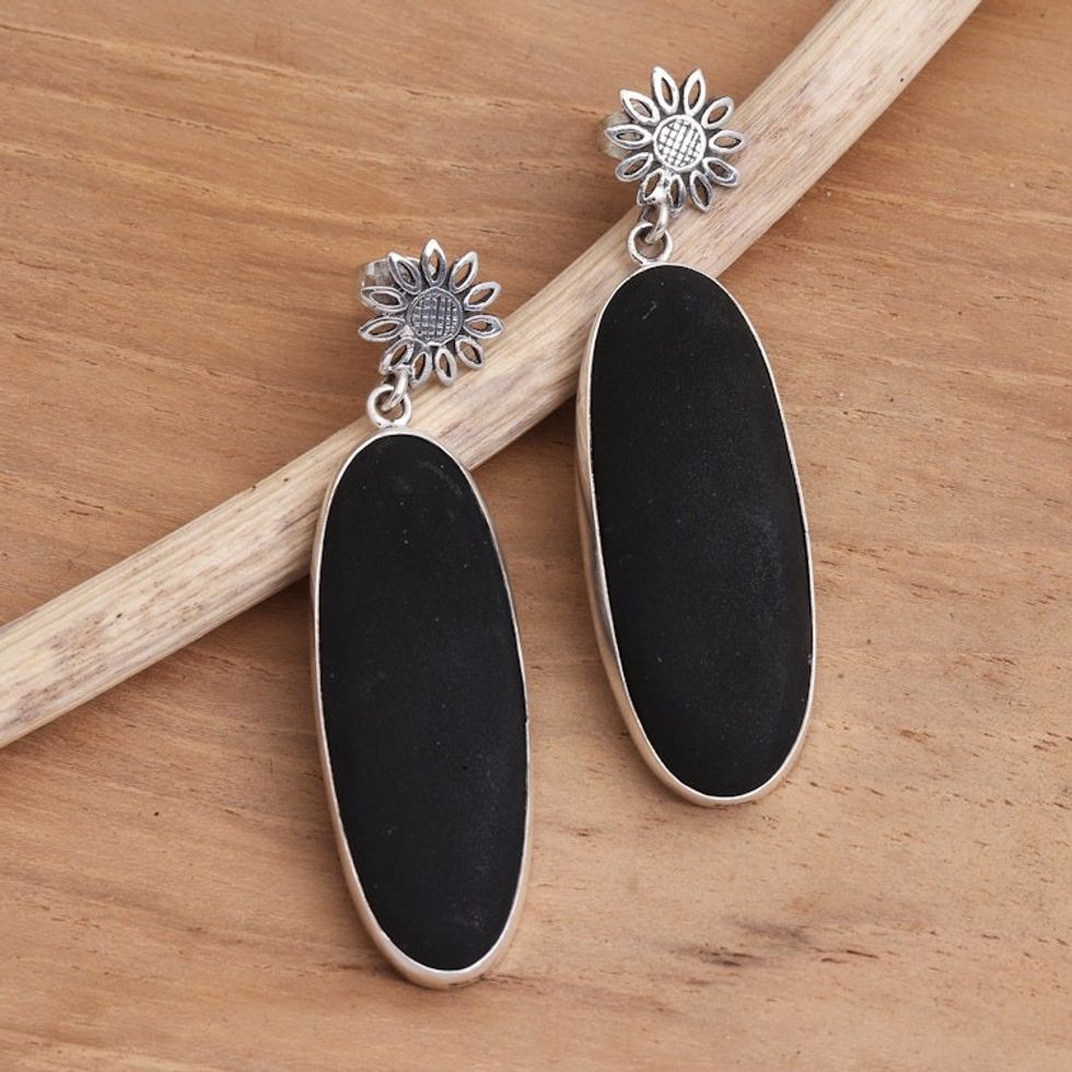 Sterling Silver and Black Lava Stone Oval Dangle Earrings 'Long Oval Shadow'