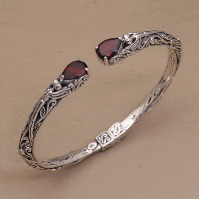 Alternate image for Balinese Sterling Silver and Garnet Hinged Cuff Bracelet Looking for You