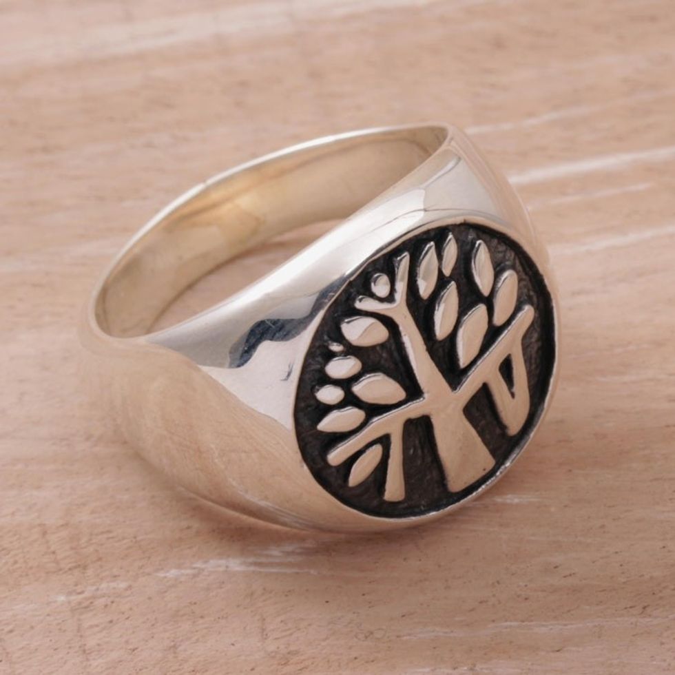 Handcrafted Sterling Silver Signet Ring with Tree Motif 'Beringin Magic'