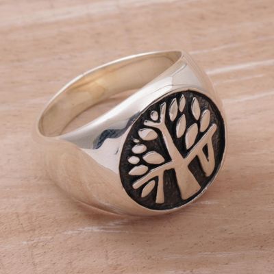 Alternate image for Handcrafted Sterling Silver Signet Ring with Tree Motif Beringin Magic
