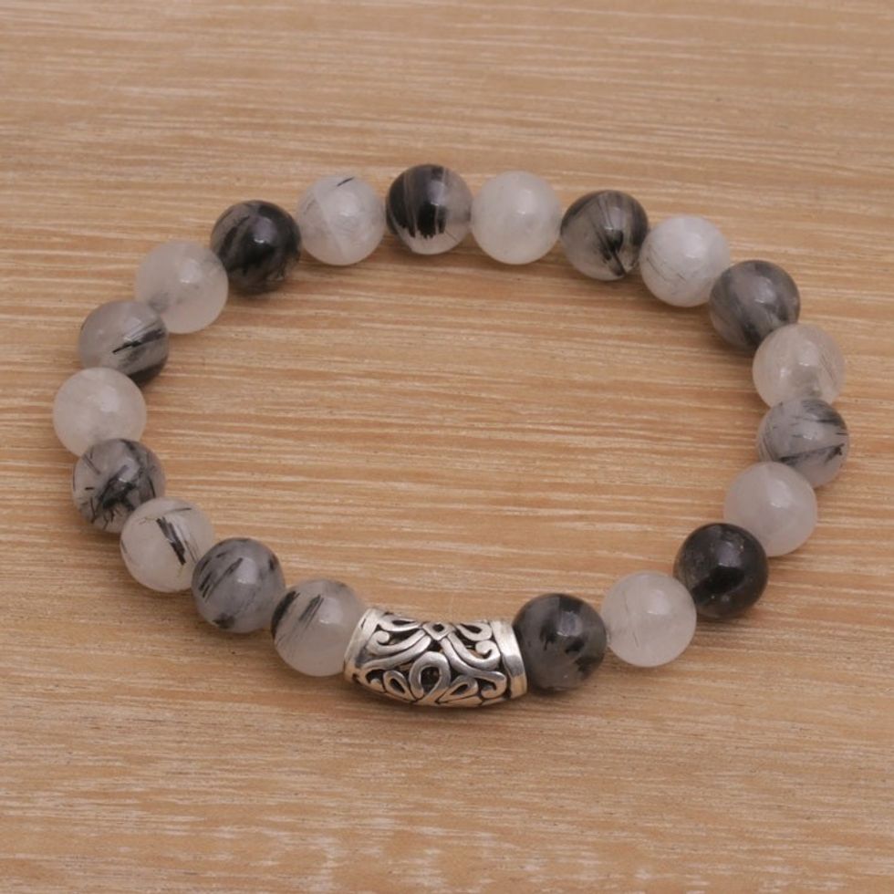 Tourmalinated Quartz Beaded Stretch Bracelet 'Uluwatu Eclipse in Smoke'